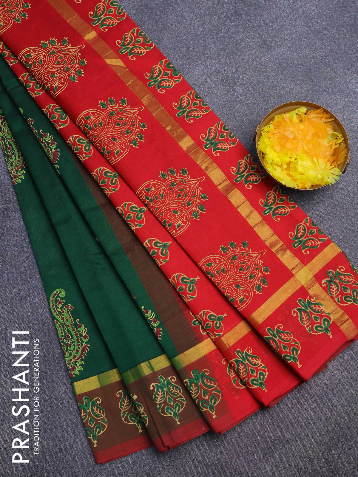 Silk cotton block printed saree green and red with butta prints and zari woven simple border