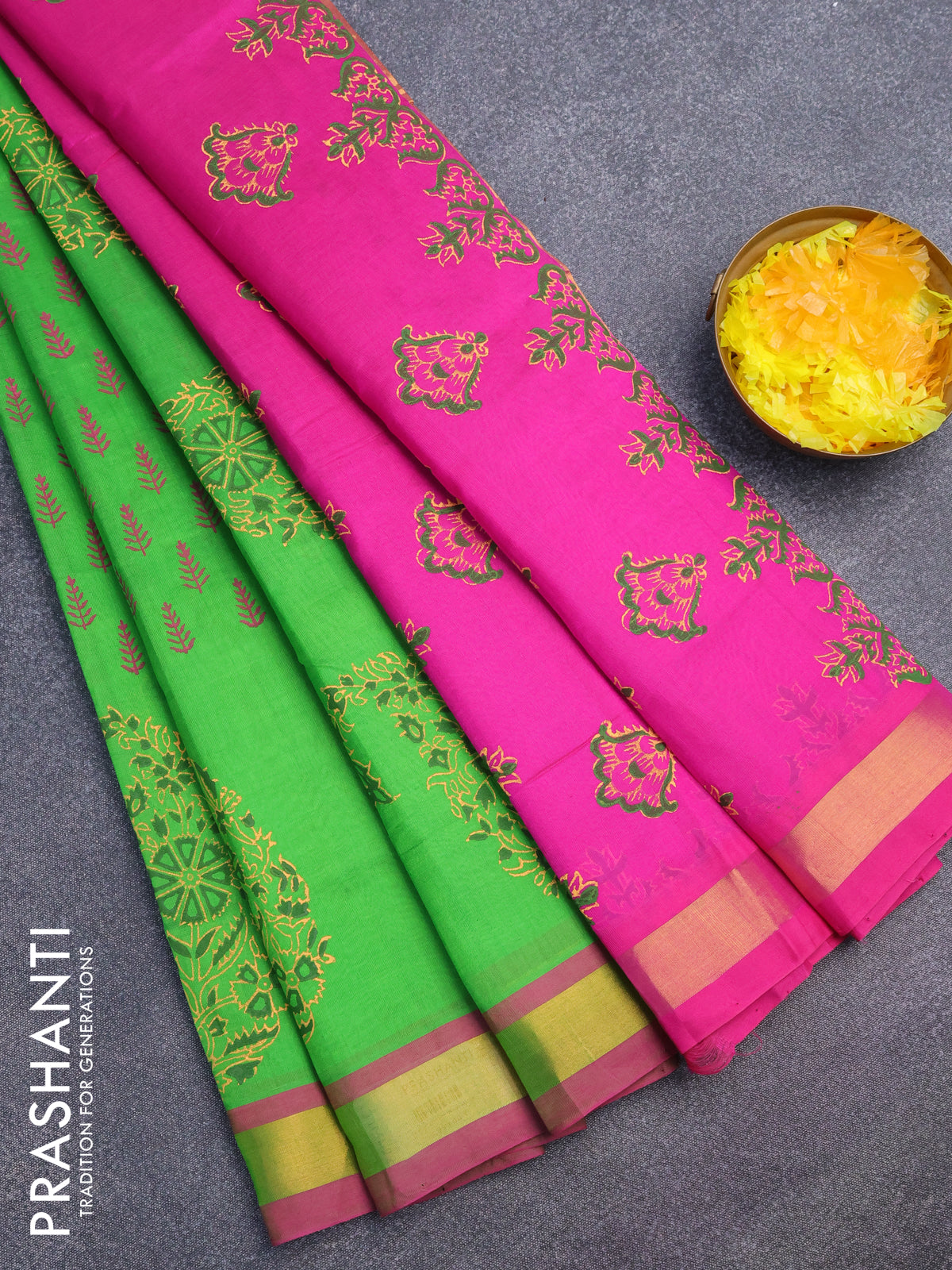 Silk cotton block printed saree light green and pink with allover butta prints and zari woven border