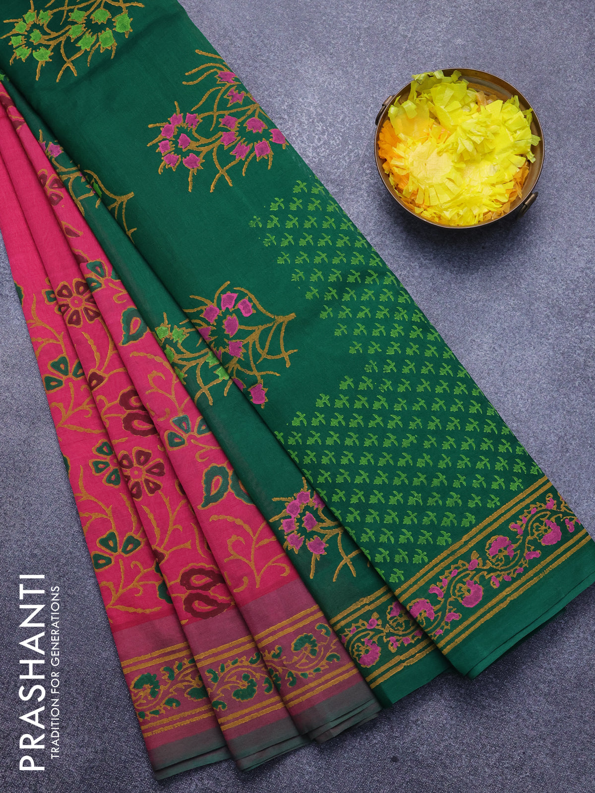 Silk cotton block printed saree pink and green with allover prints and printed border