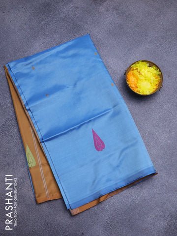 Banana pith saree blue and dark mustard with thread woven buttas in borderless style