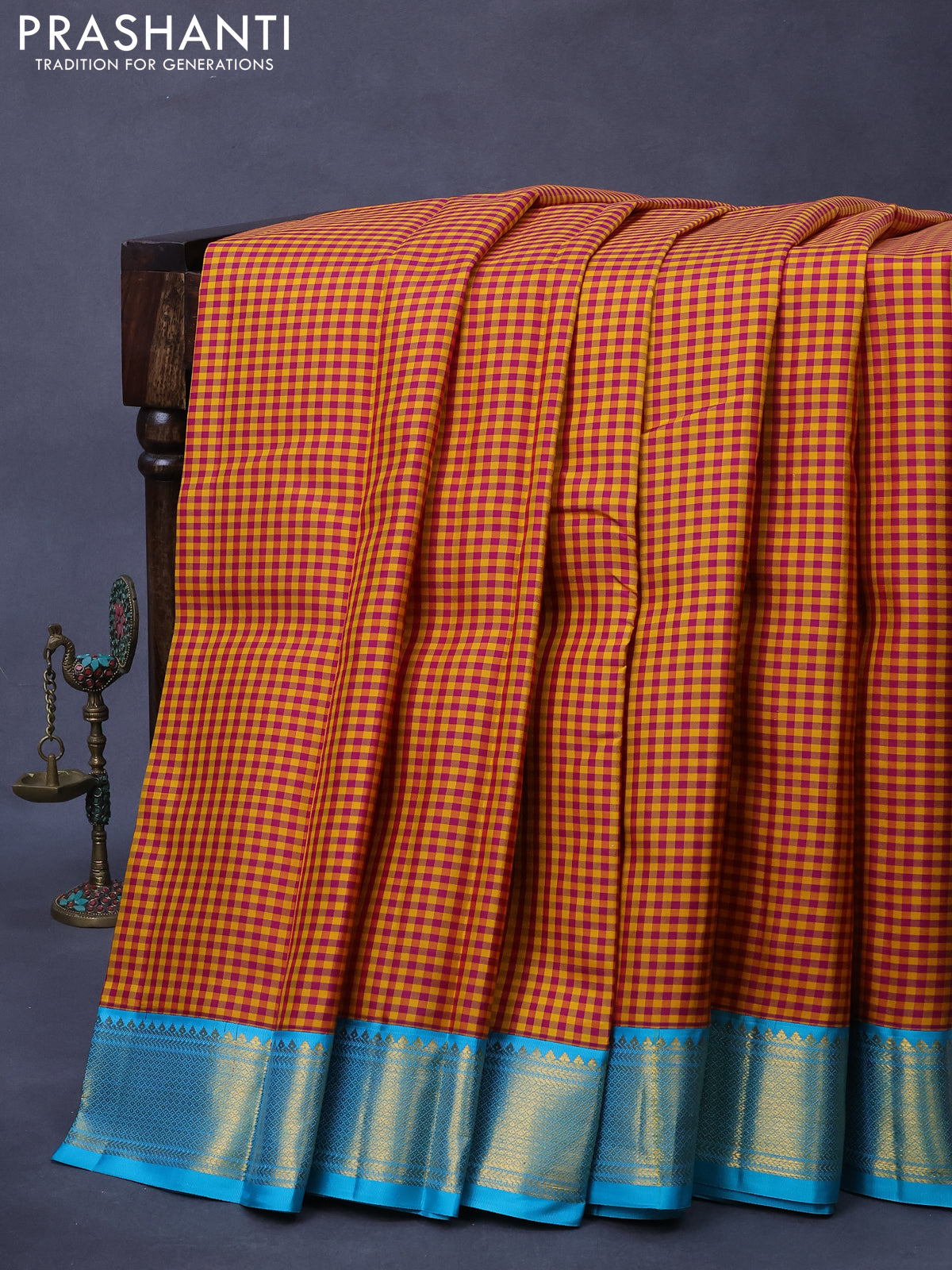 Pure kanjivaram silk saree mustard yellow pink and teal blue with allover small checked pattern and zari woven korvai border