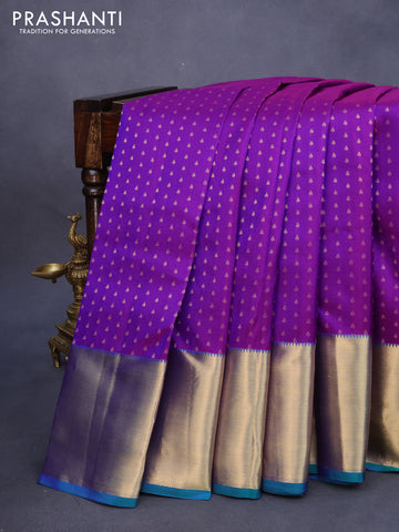 Pure kanjivaram silk saree dual shade of purple and dual shade of green with zari woven 1000 buttas and zari woven border