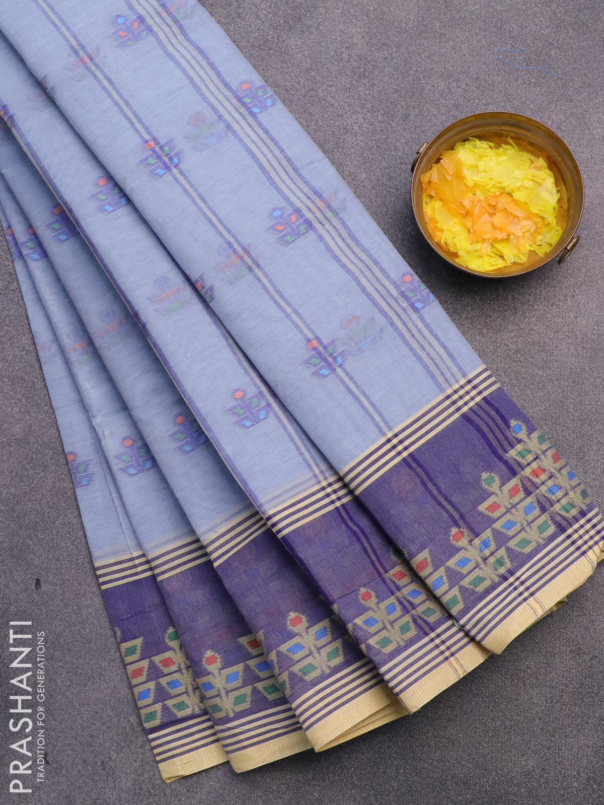 Bengal cotton saree bluish grey and blue with allover thread weaves and thread woven border without blouse