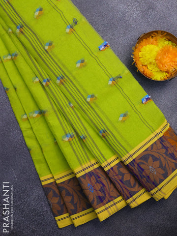 Bengal cotton saree fluorescent green and yellow with thread woven buttas and thread woven border without blouse