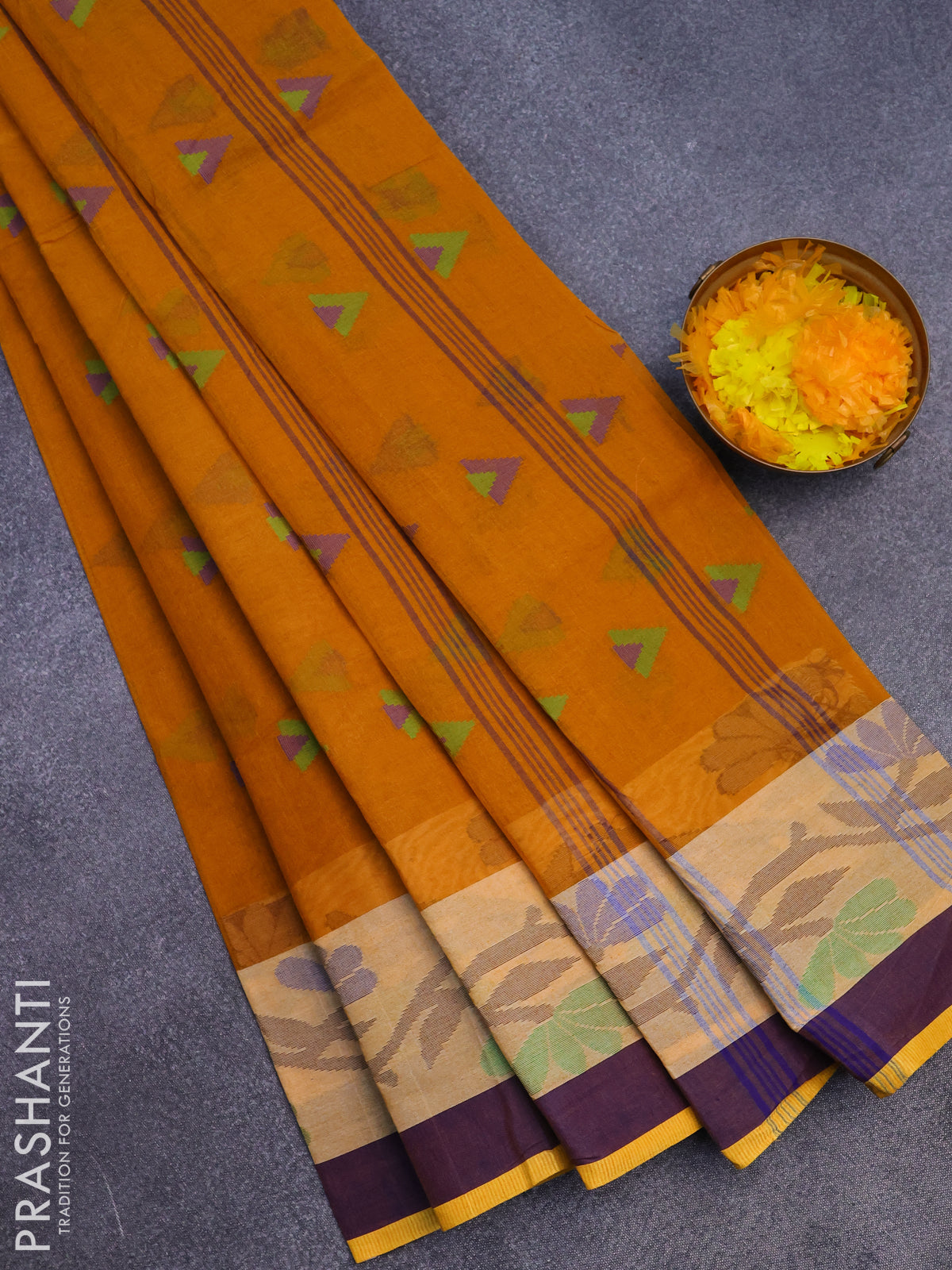 Bengal cotton saree mustard yellow and blue with thread woven buttas and thread woven border without blouse