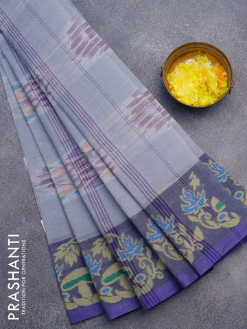 Bengal cotton saree grey and blue with allover ikat weaves and thread woven border without blouse