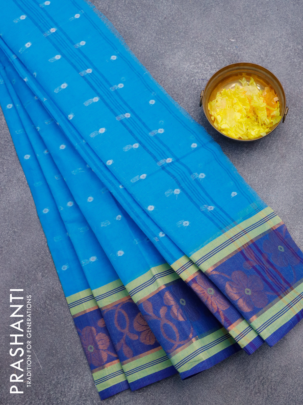 Bengal cotton saree cs blue and blue with thread woven buttas and copper zari woven border without blouse