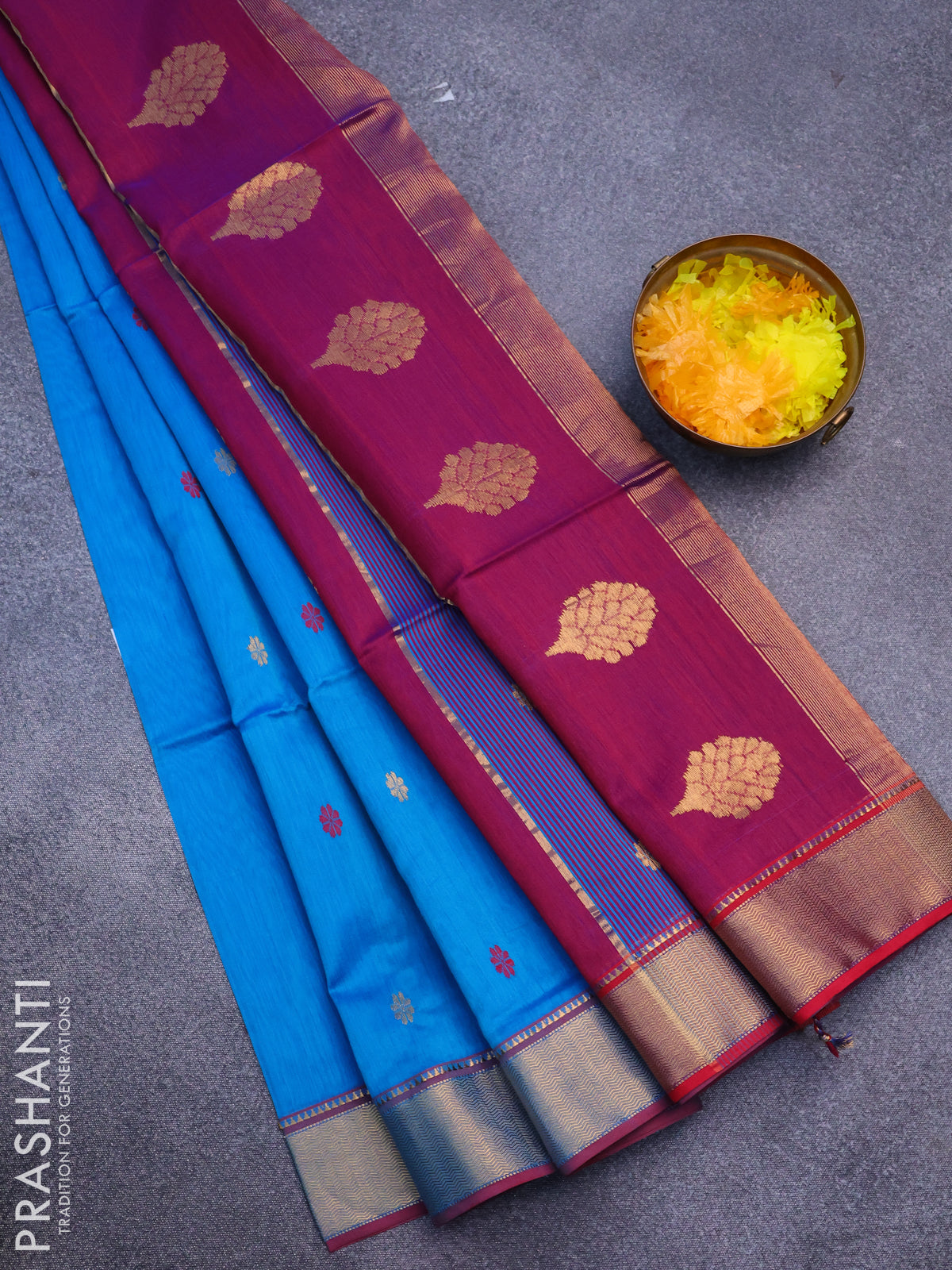 Maheshwari silk cotton saree cs blue and maroon with thread & zari woven floral buttas and zari woven border