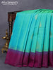 Pure kanjivaram silk saree dual shade of teal green and purple with zari woven buttas and simple border