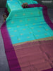 Pure kanjivaram silk saree dual shade of teal green and purple with zari woven buttas and simple border