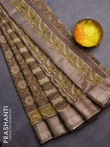 Chanderi silk cotton saree pastel brown shade and sandal with natural vegetable prints and zari woven gotapatti lace border