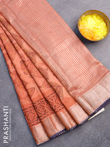 Chanderi silk cotton saree rustic orange and grey shade with natural vegetable prints and zari woven gotapatti lace border