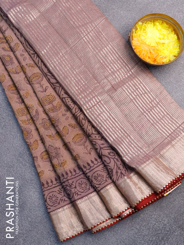 Chanderi silk cotton saree pastel brown shade and maroon with natural vegetable prints and zari woven gotapatti lace border