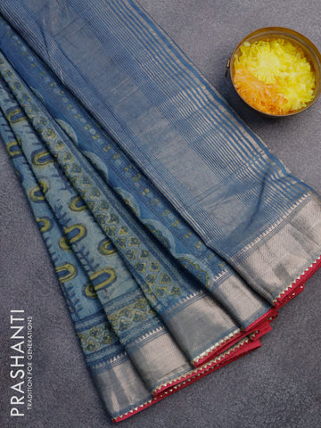 Chanderi silk cotton saree pastel blue and pink with natural vegetable prints and zari woven gotapatti lace border