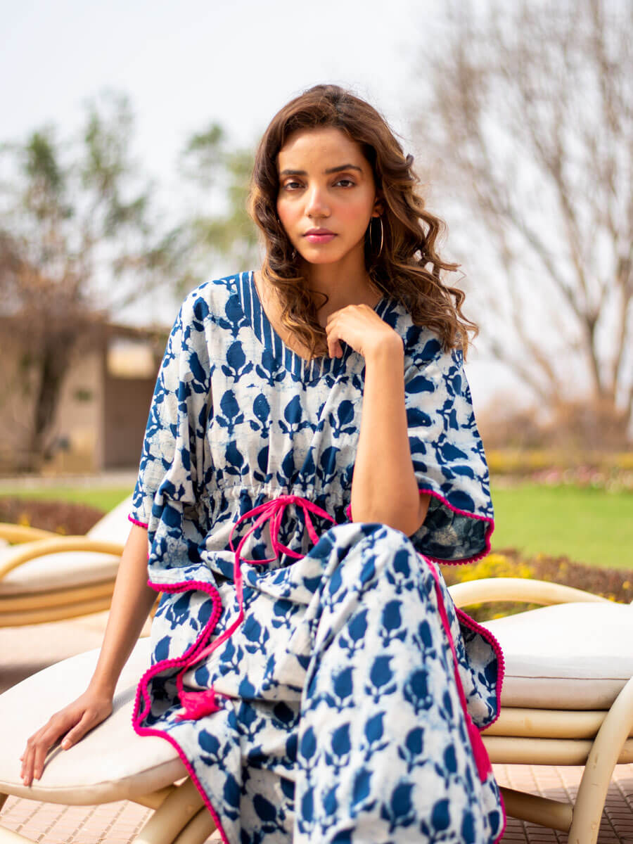 Indigo Paisley Dabu Cotton Kaftan