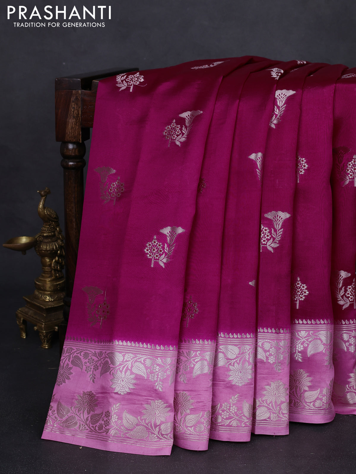 Banarasi poona silk saree dark pink and light pink with zari woven buttas and zari woven border
