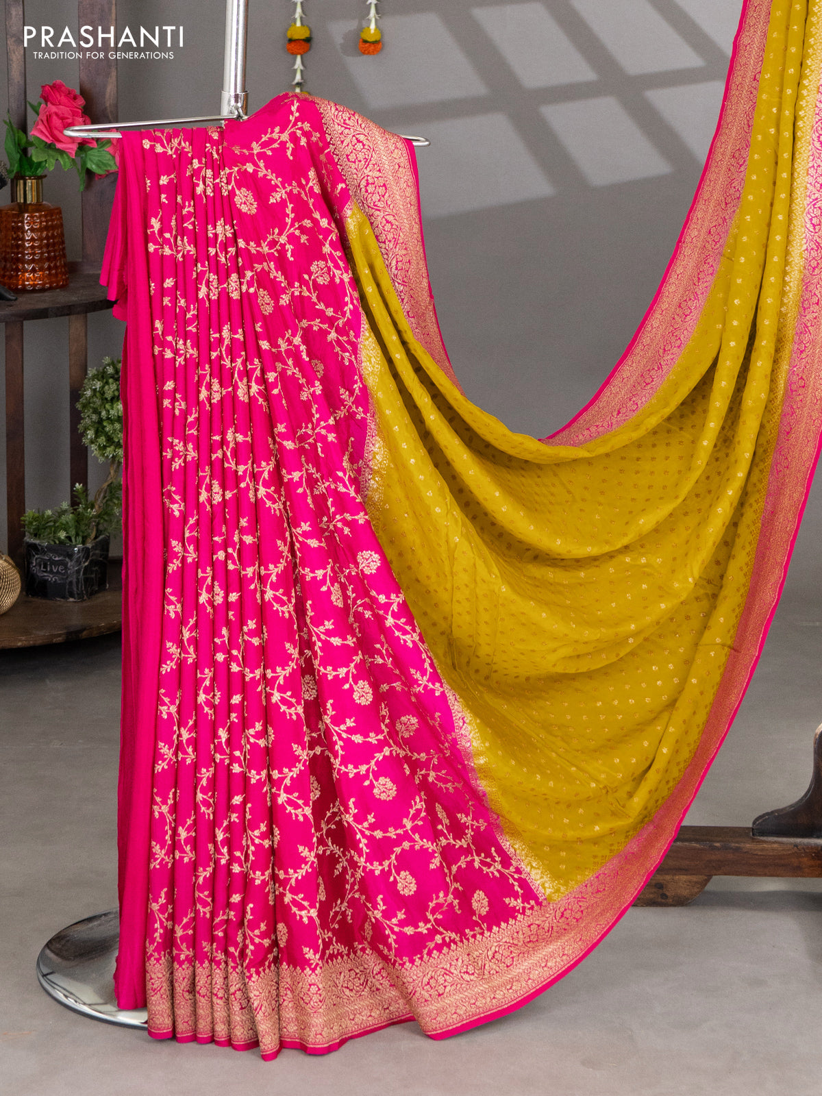 Banarasi crepe partly saree lime yellow and pink with woven buttas and woven border