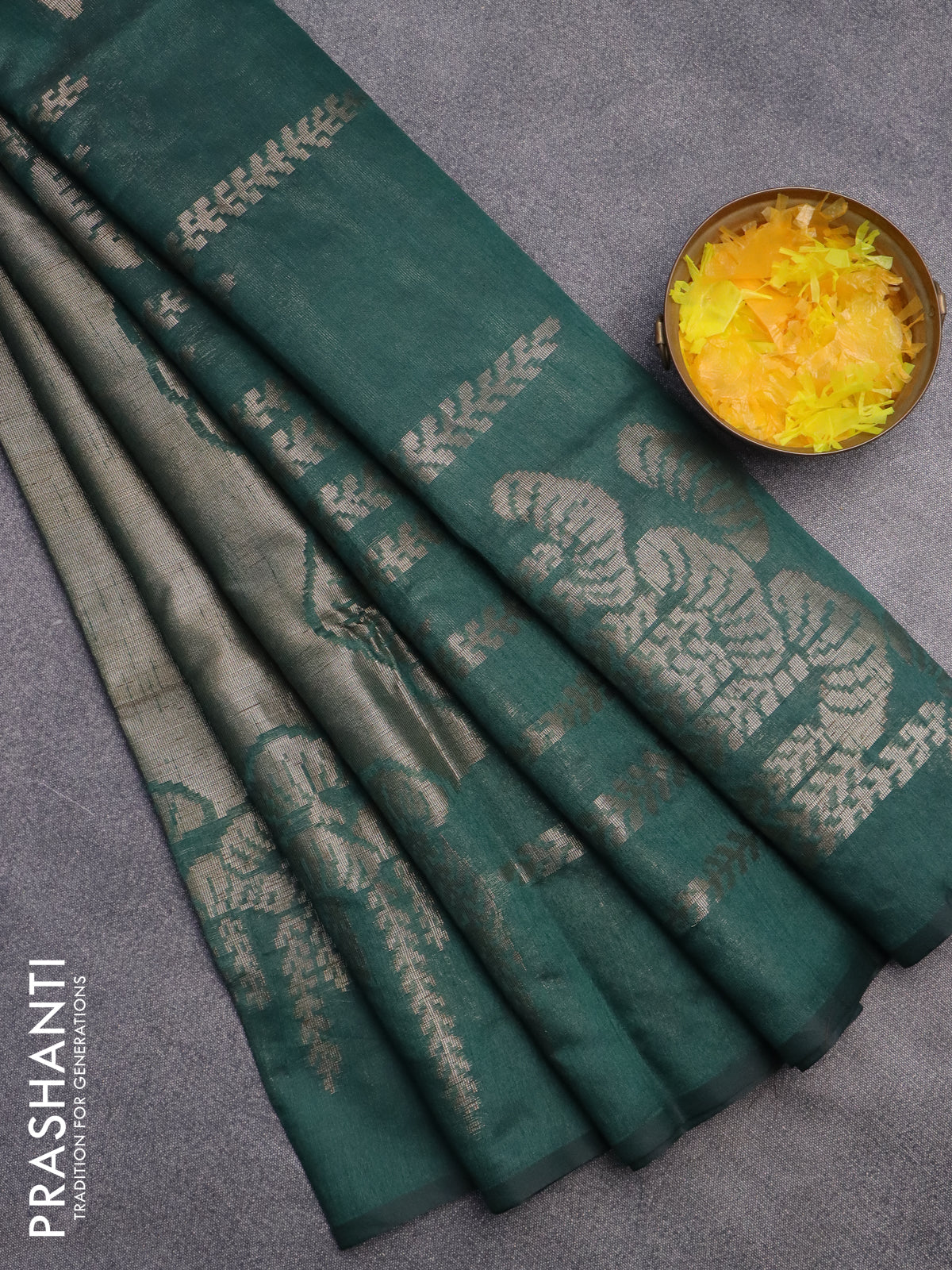 Banarasi matka tissue saree dark green with woven buttas and zari woven border