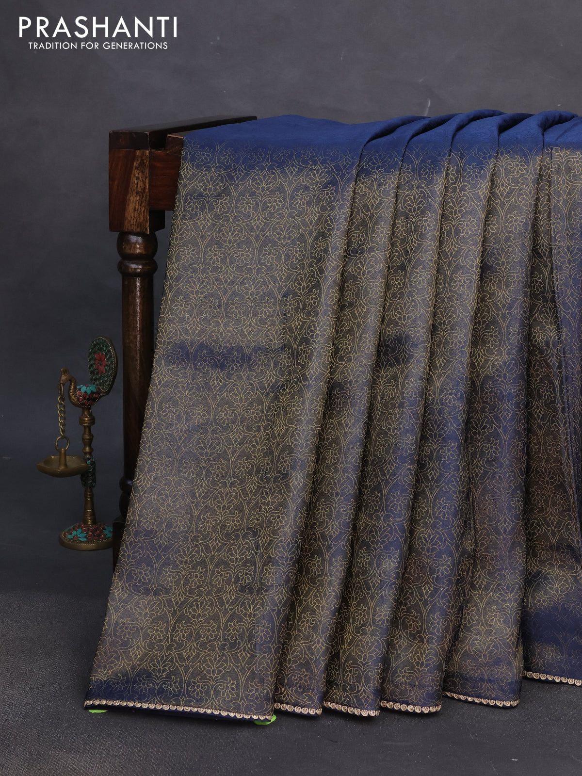 Banarasi semi crepe saree peacock blue with allover zari woven brocade weaves and lace work border