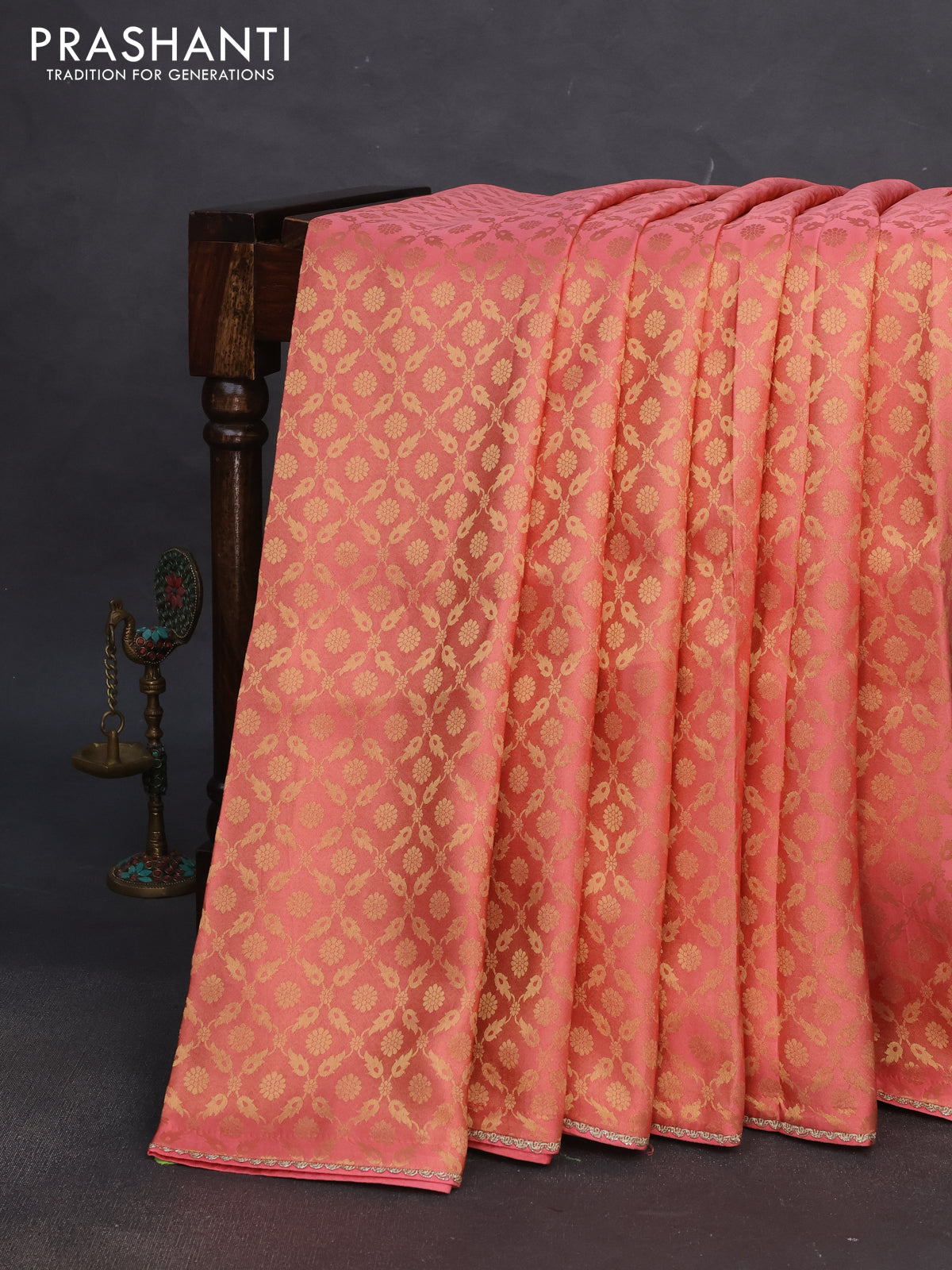 Banarasi semi crepe saree peach pink with allover zari woven brocade weaves and lace work border