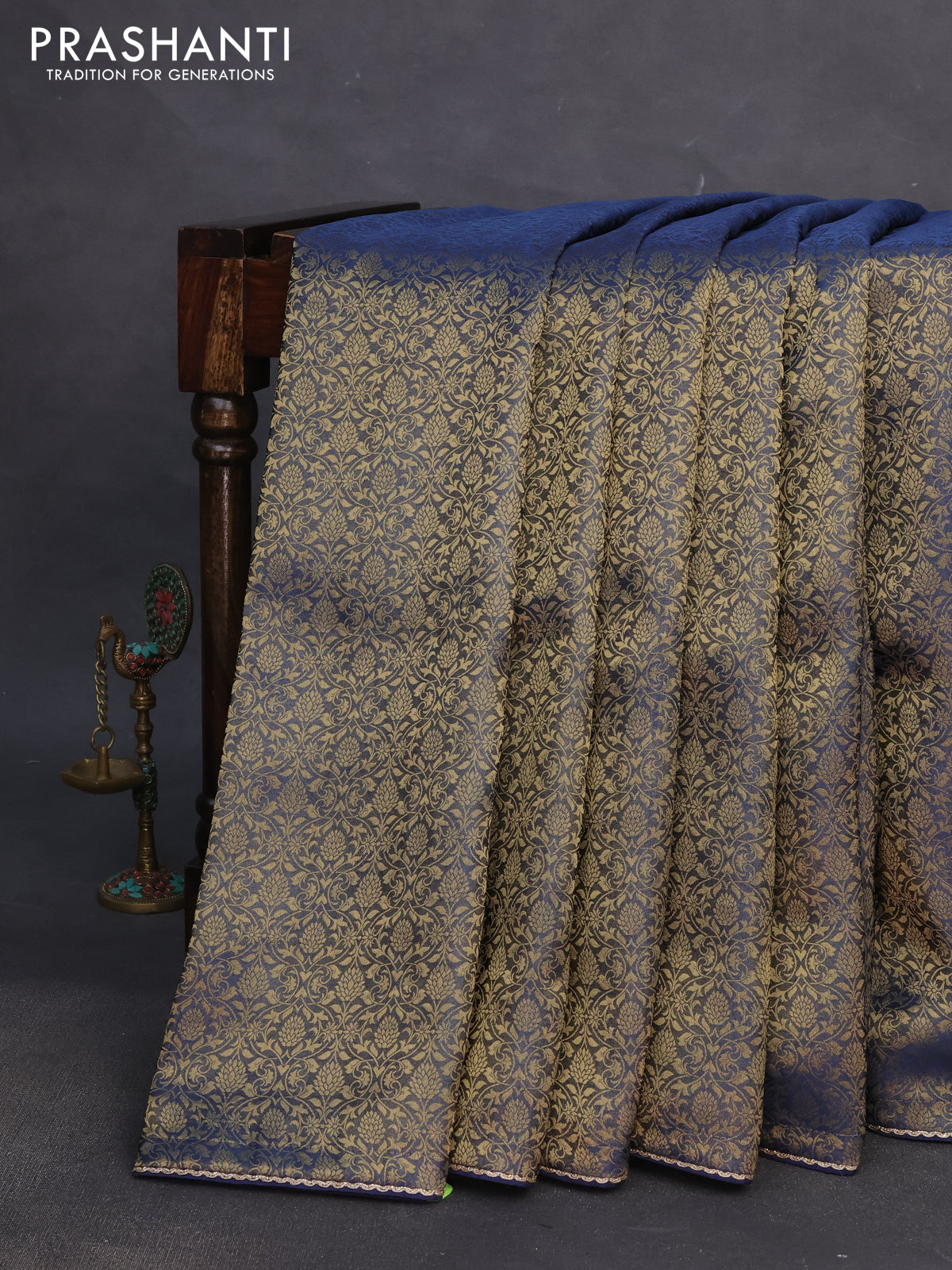 Banarasi semi crepe saree peacock blue with allover zari woven brocade weaves and lace work border