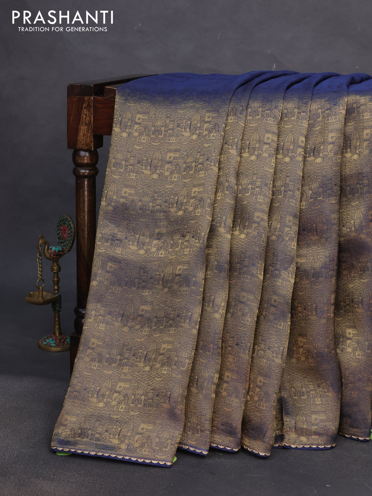 Banarasi semi crepe saree dual shade of peacock blue with allover zari woven brocade weaves and lace work border