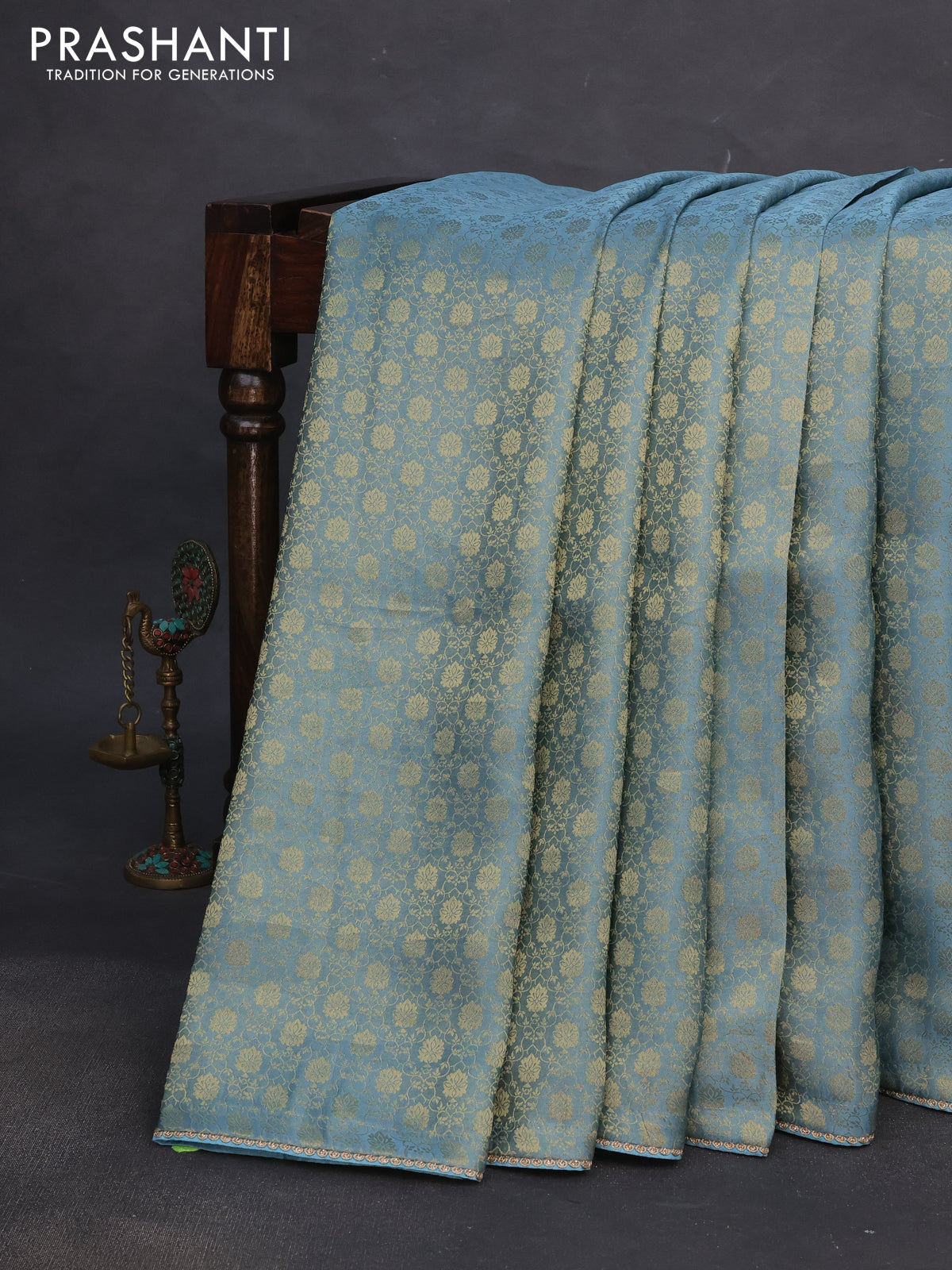 Banarasi semi crepe saree pastel blue shade with allover zari woven brocade weaves and lace work border