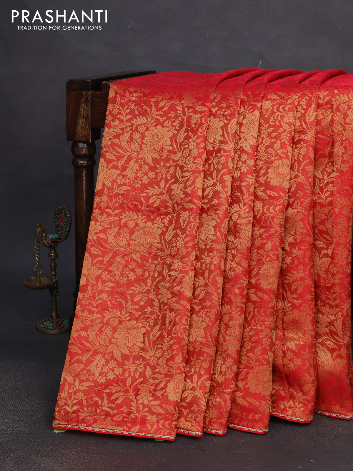 Banarasi semi crepe saree red with allover zari woven brocade weaves and lace work border