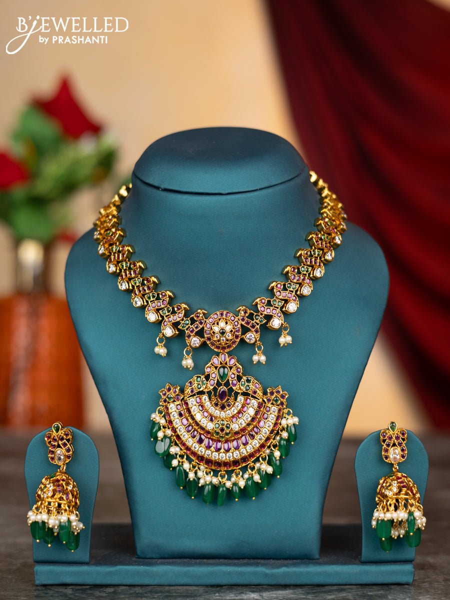 Antique necklace peacock design with kemp & cz stones and pearl & green beads hangings