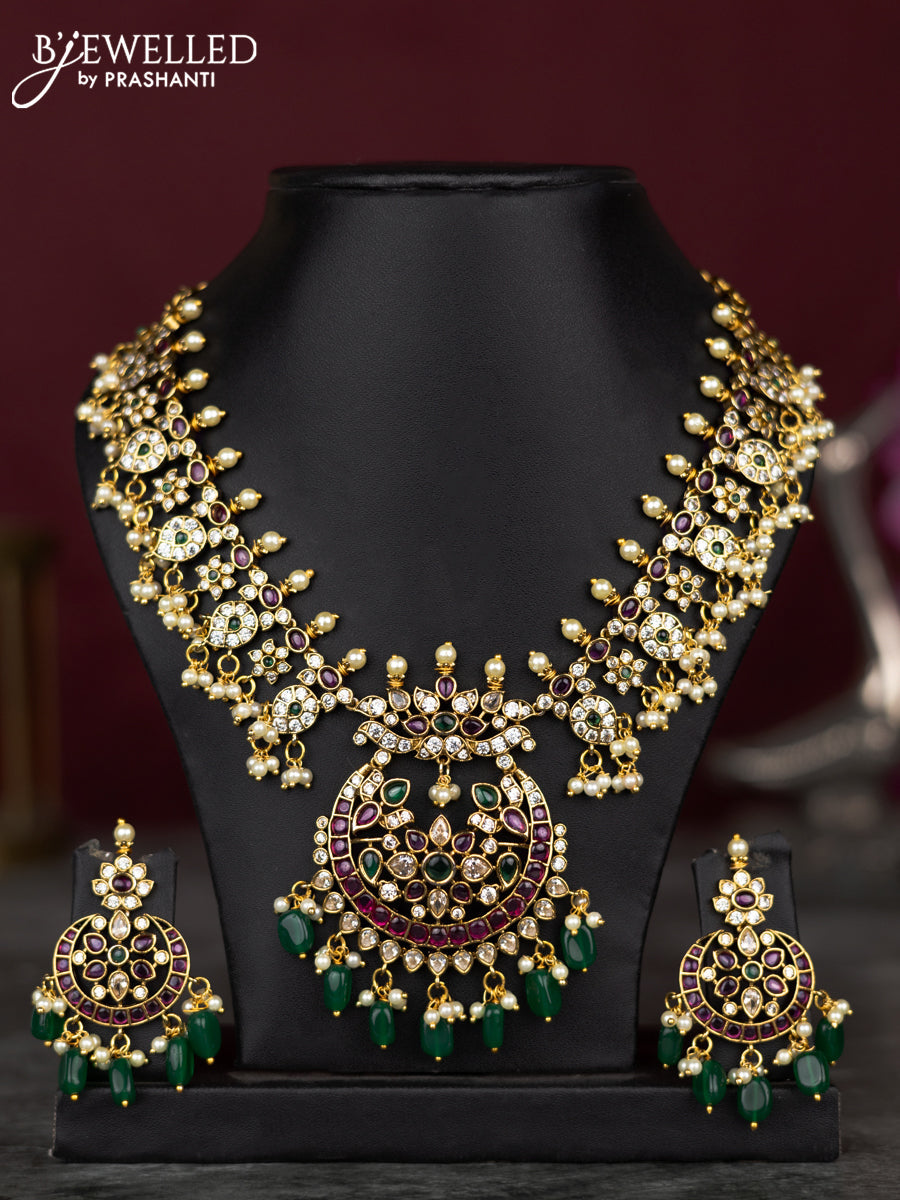 Antique guttapusalu necklace with kemp & cz stones and pearl & green beads hangings