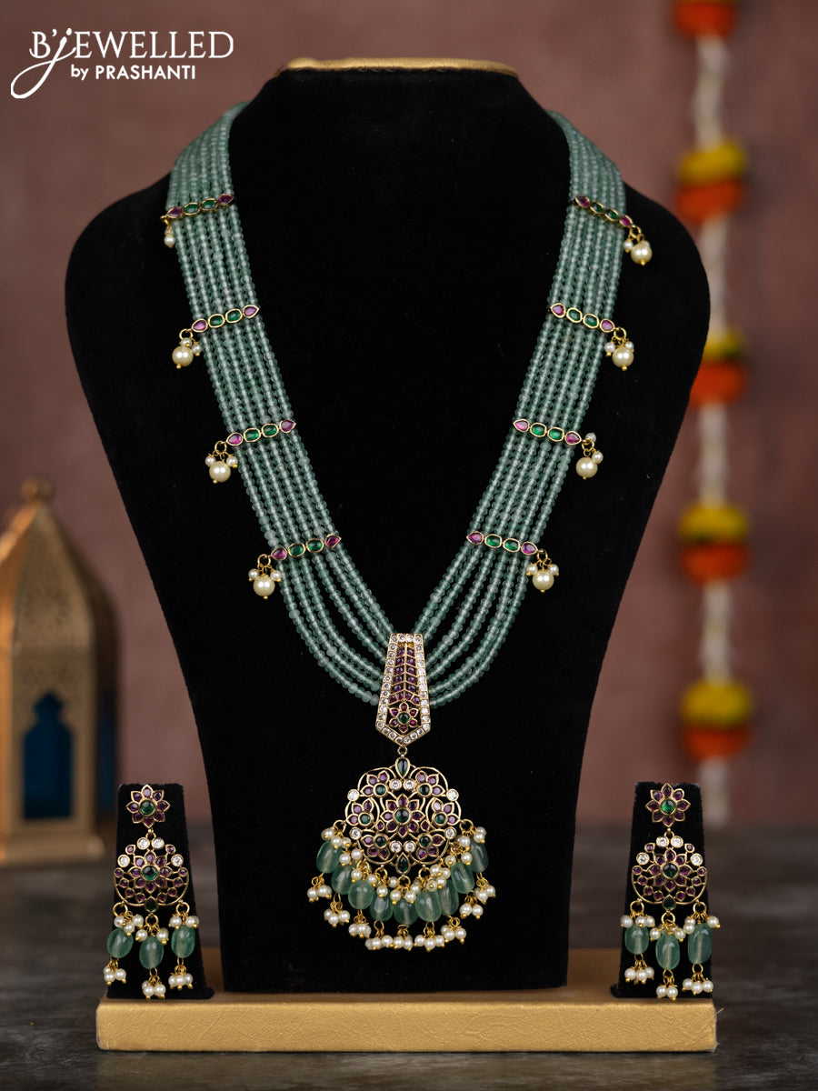 Beaded multilayer mint green necklace floral pendant with kemp & cz stones and pearl hangings in victorian finish