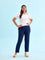 Women Solid Navy Mid Rise Casual Rib Pants