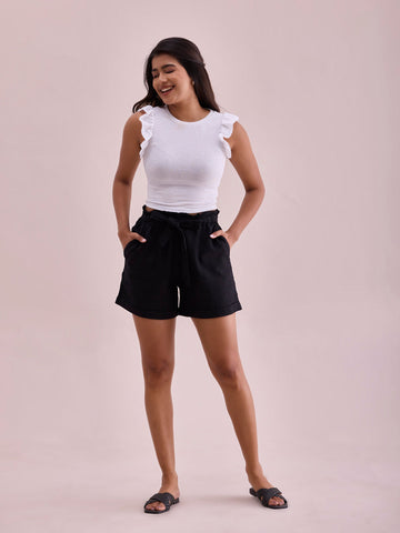 Black Linen Viscose Blend Shorts