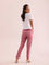 Women Dusty Rose Solid Mid Rise Metallic Pants