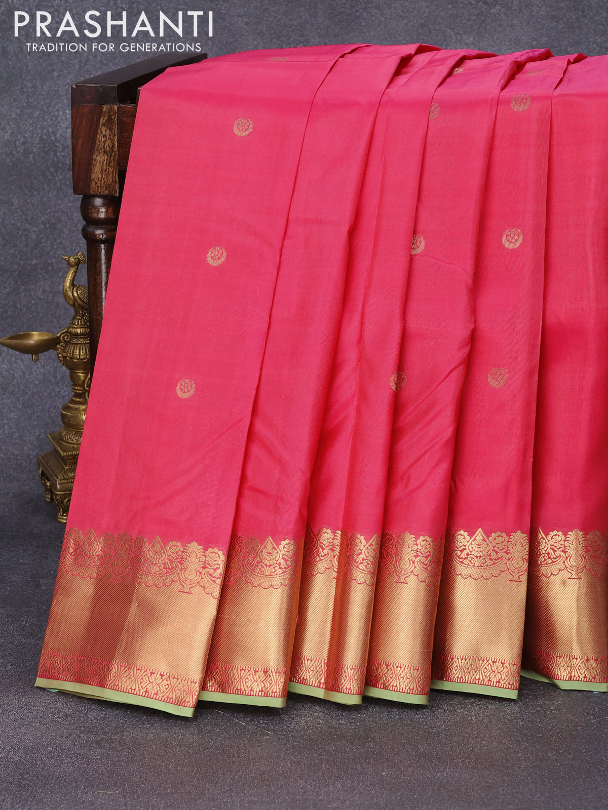 Pure kanjivaram silk saree light pink and pista green with zari woven buttas and zari woven border & Butta style