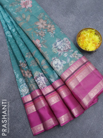 Banarasi kota saree teal green and purple with allover digital prints & zari stripes pattern and temple design rettapet zari woven border