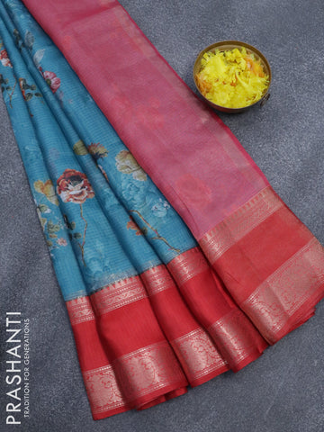 Banarasi kota saree blue and red with floral digital prints and rettapet zari woven border