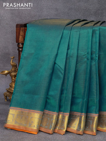 10 yards silk cotton saree peacock green and dark mustard with allover vairosi pattern and annam & elephant zari woven border without blouse