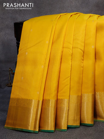 Pure kanjivaram silk saree yellow and teal green with allover zari checks & buttas and rich zari woven border