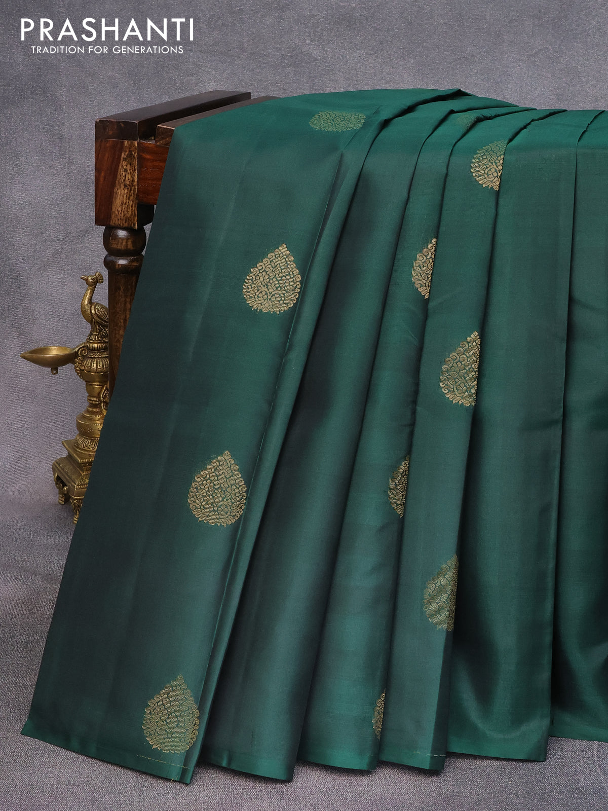 Pure kanjivaram silk saree dark green and light blue with zari woven buttas in borderless style