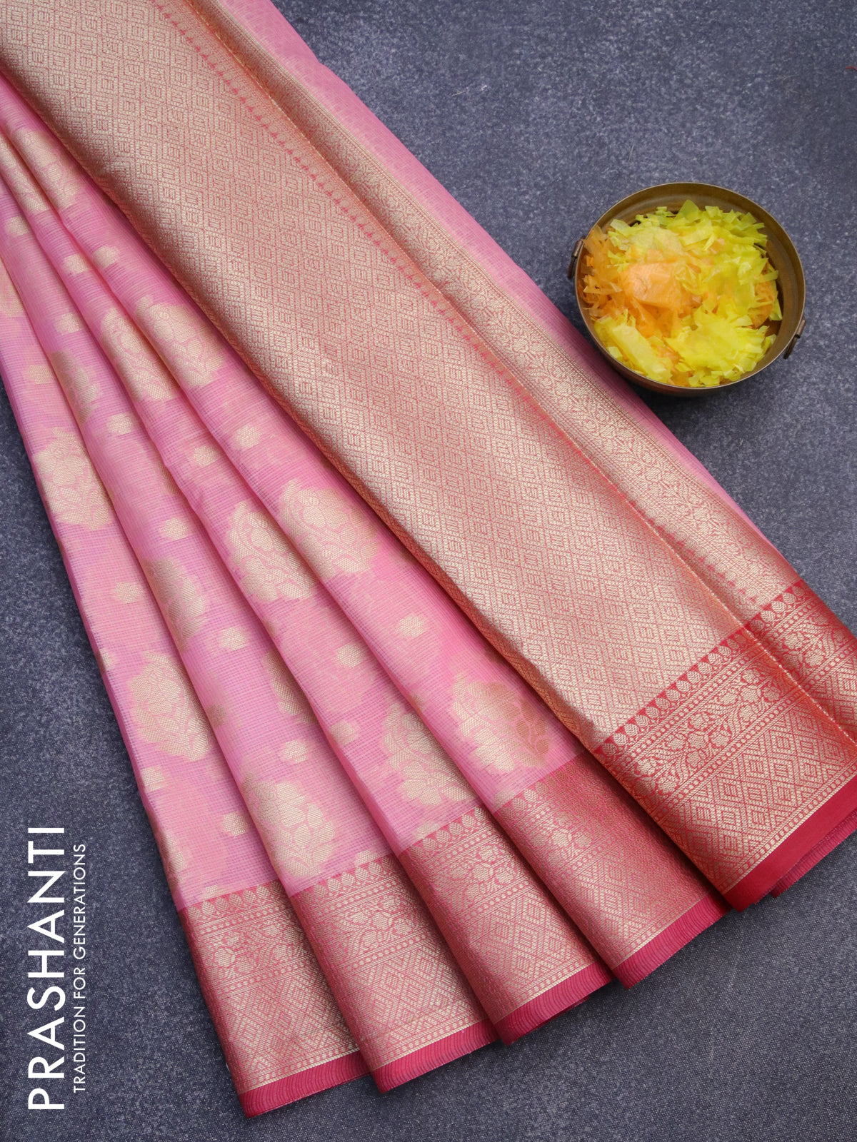 Banarasi kota saree light pink and pink with zari woven floral buttas and zari woven border