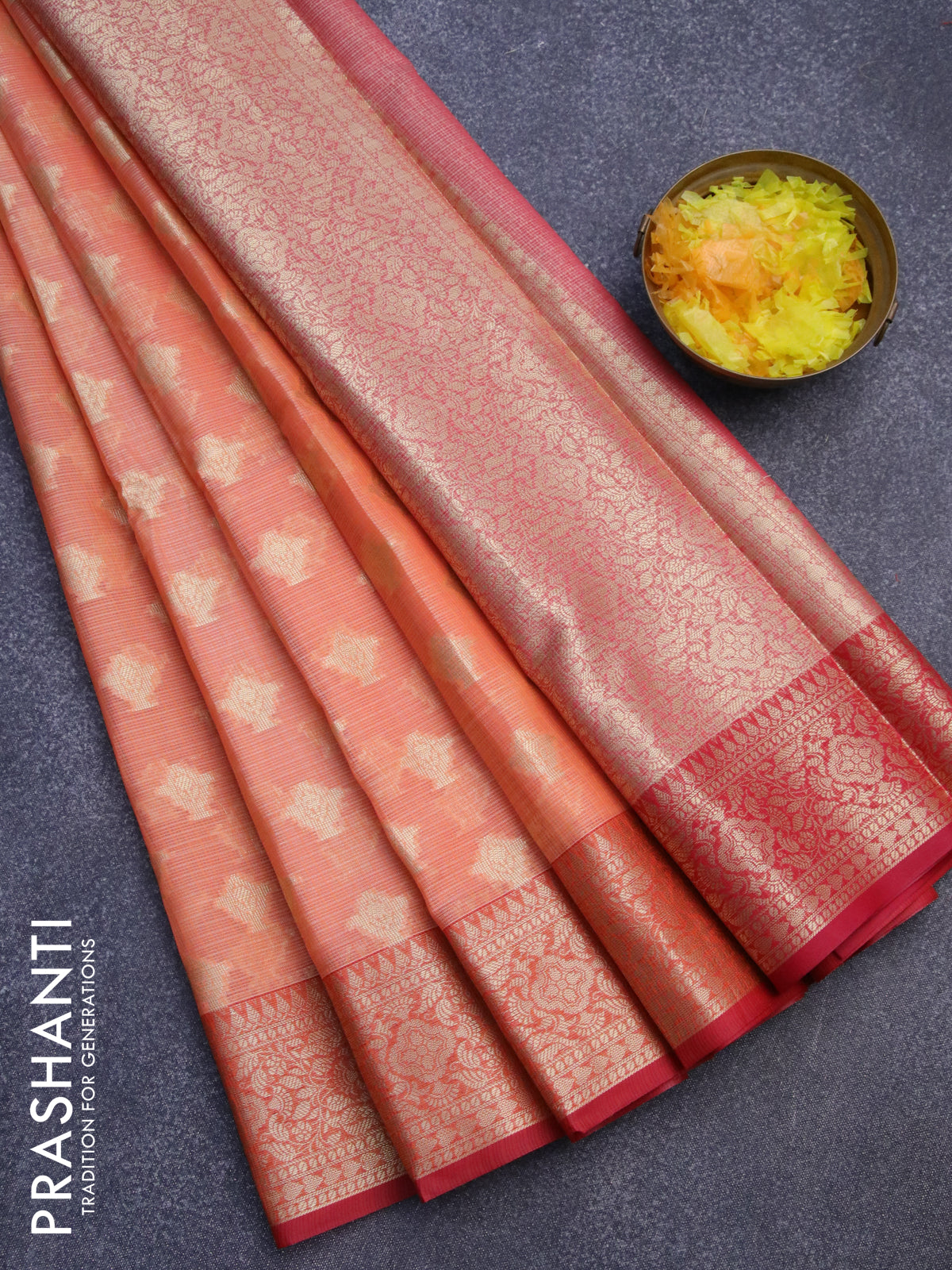 Banarasi kota saree peach orange and red with zari woven buttas and zari woven border