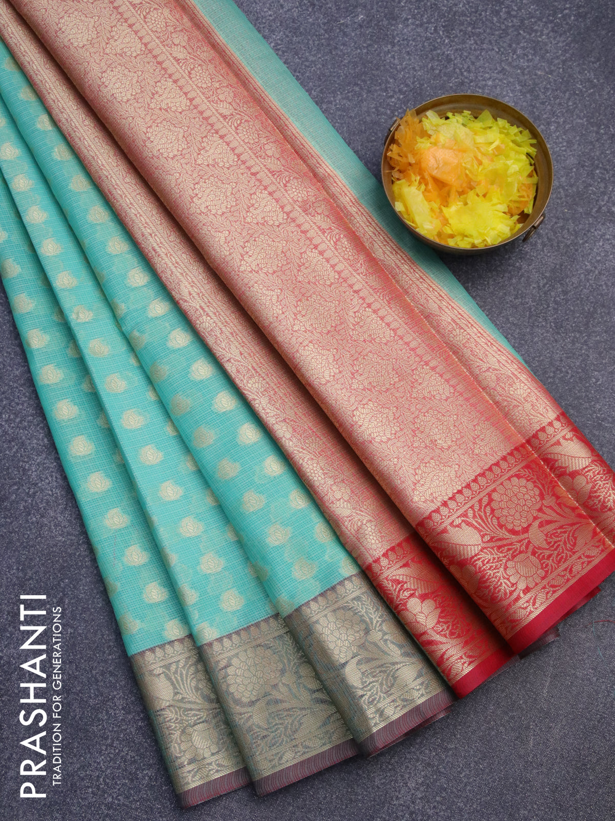 Banarasi kota saree teal blue and maroon with allover zari woven buttas and floral zari woven border