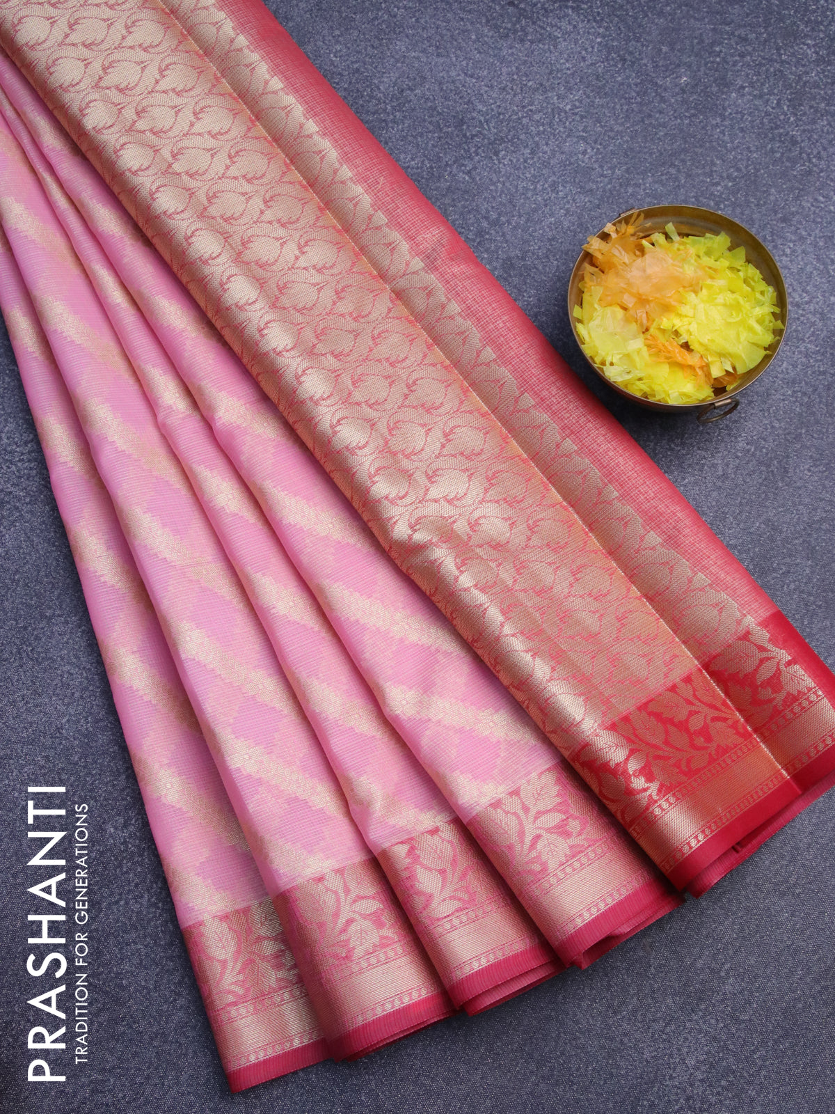 Banarasi kota saree candy pink and pink with allover zari weaves and zari woven border