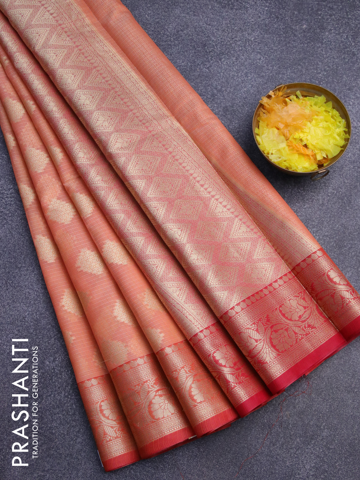 Banarasi kota saree peach orange and red with zari woven buttas and zari woven border