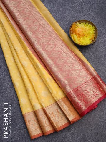 Banarasi kota saree yellow and pink with floral zari woven buttas and floral zari woven border