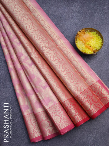 Banarasi kota saree light pink and pink with allover zari weaves and zari woven floral border