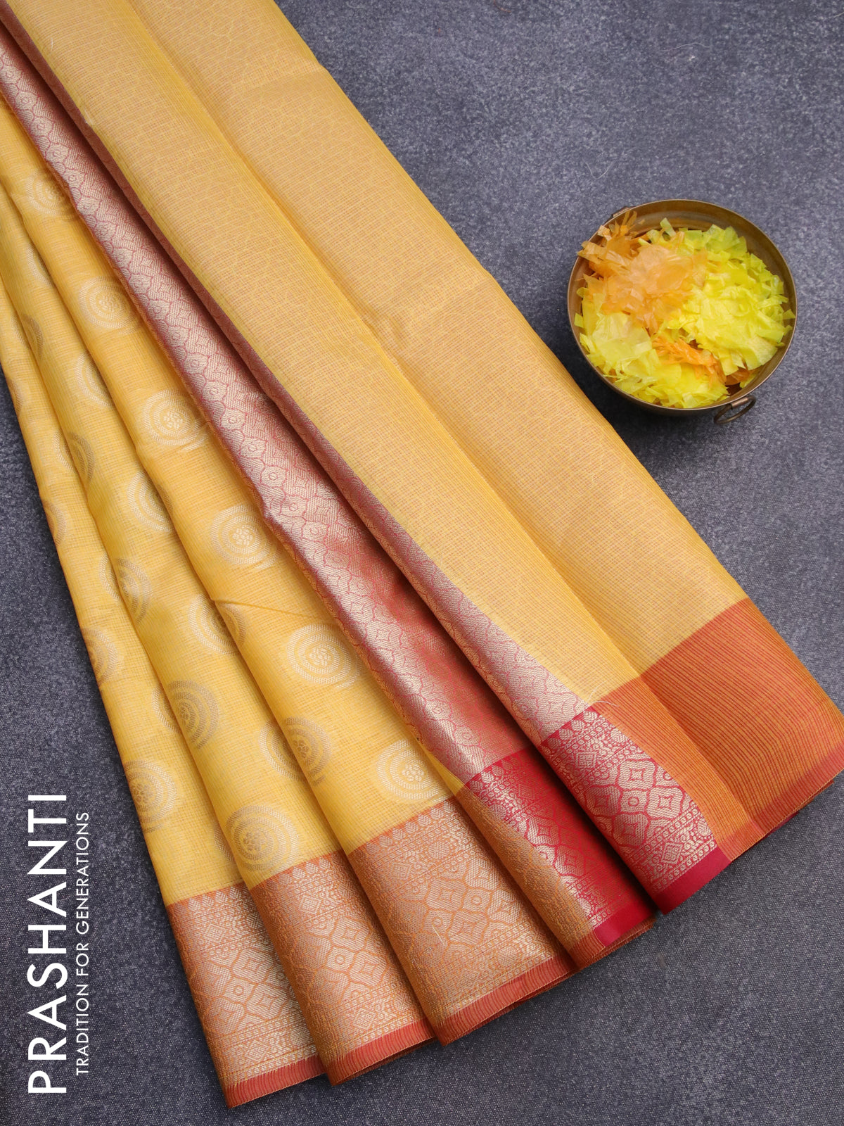 Banarasi kota saree yellow and red with zari woven buttas and zari woven border