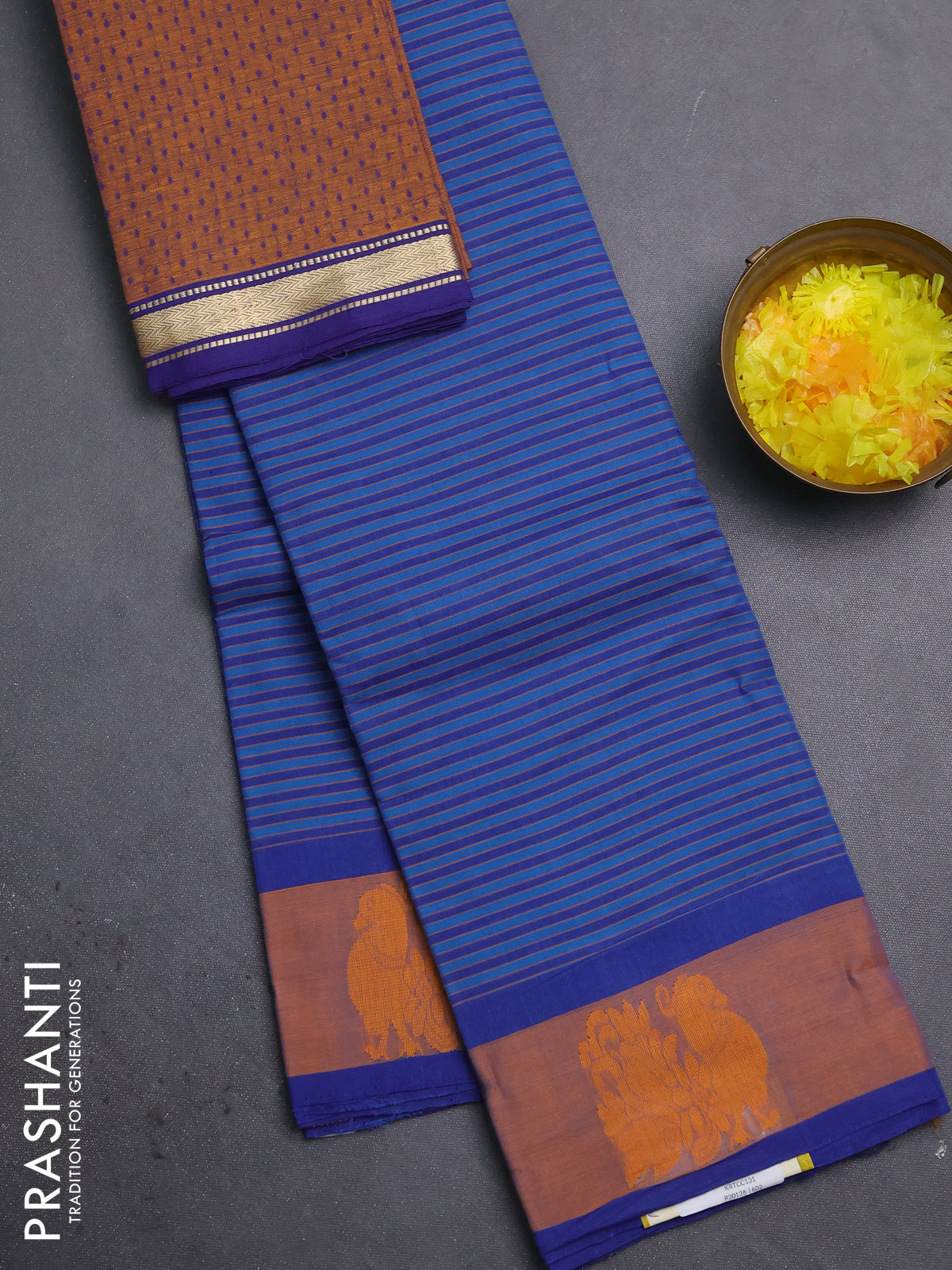 Chettinad cotton saree cs blue and blue rust with allover stripe pattern and annam thread woven butta border