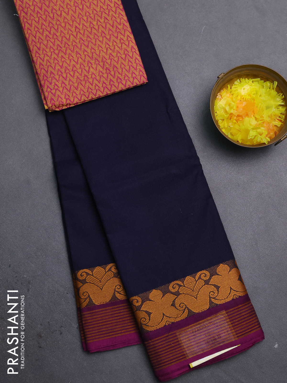 Chettinad cotton saree navy blue and violet with plain body and thread woven border